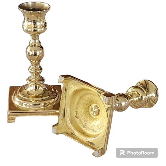 Pair of Vintage Georgian Polished Brass 5" Candle holders with Square Base New - Picture 3 of 12